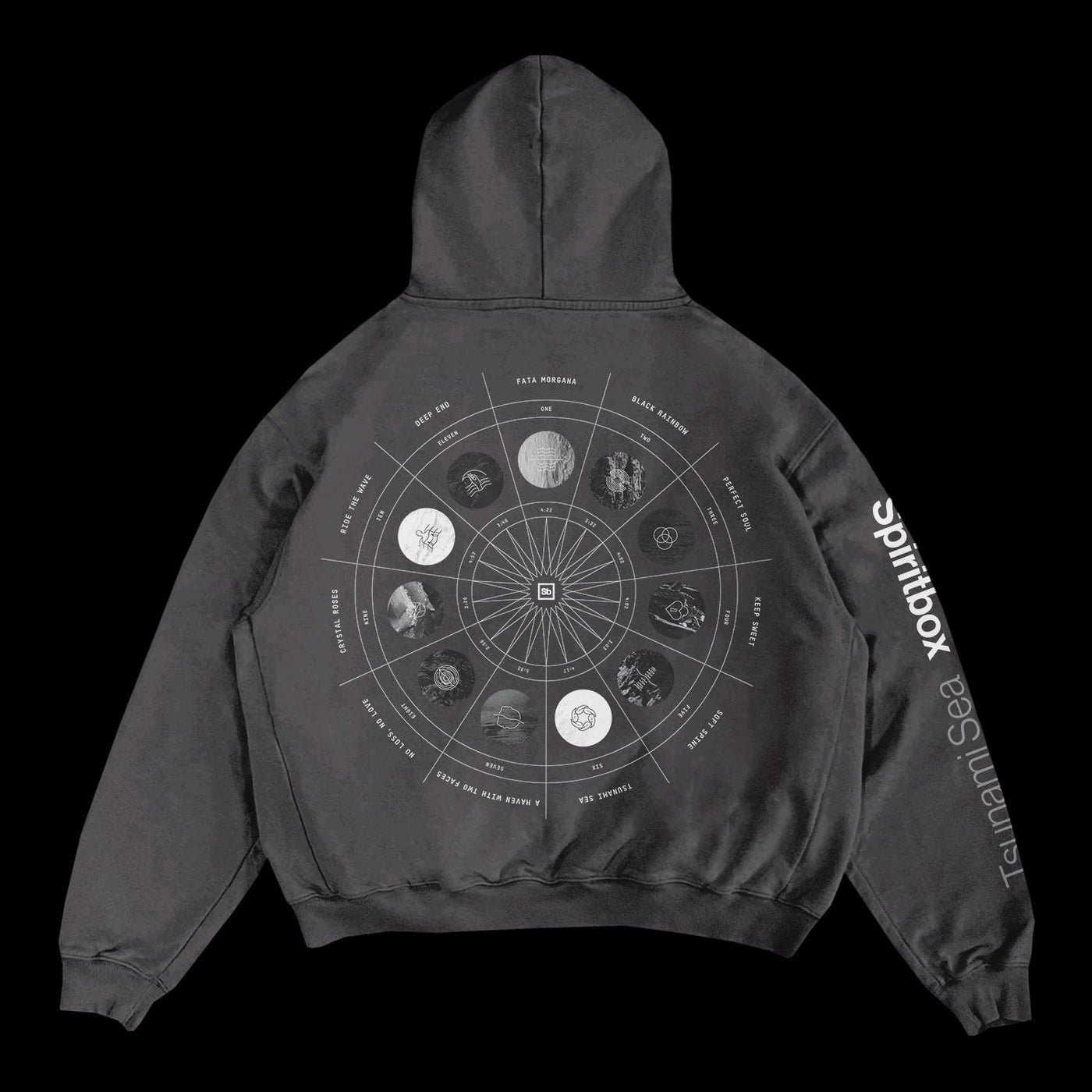 A black Spiritbox Zodiac Vintage Hoodie made from premium French Terry Cotton, featuring a circular zodiac chart and astrological symbols on the back. “Spiritbox” and “Tsunami Sea” are printed in white on the right sleeve.