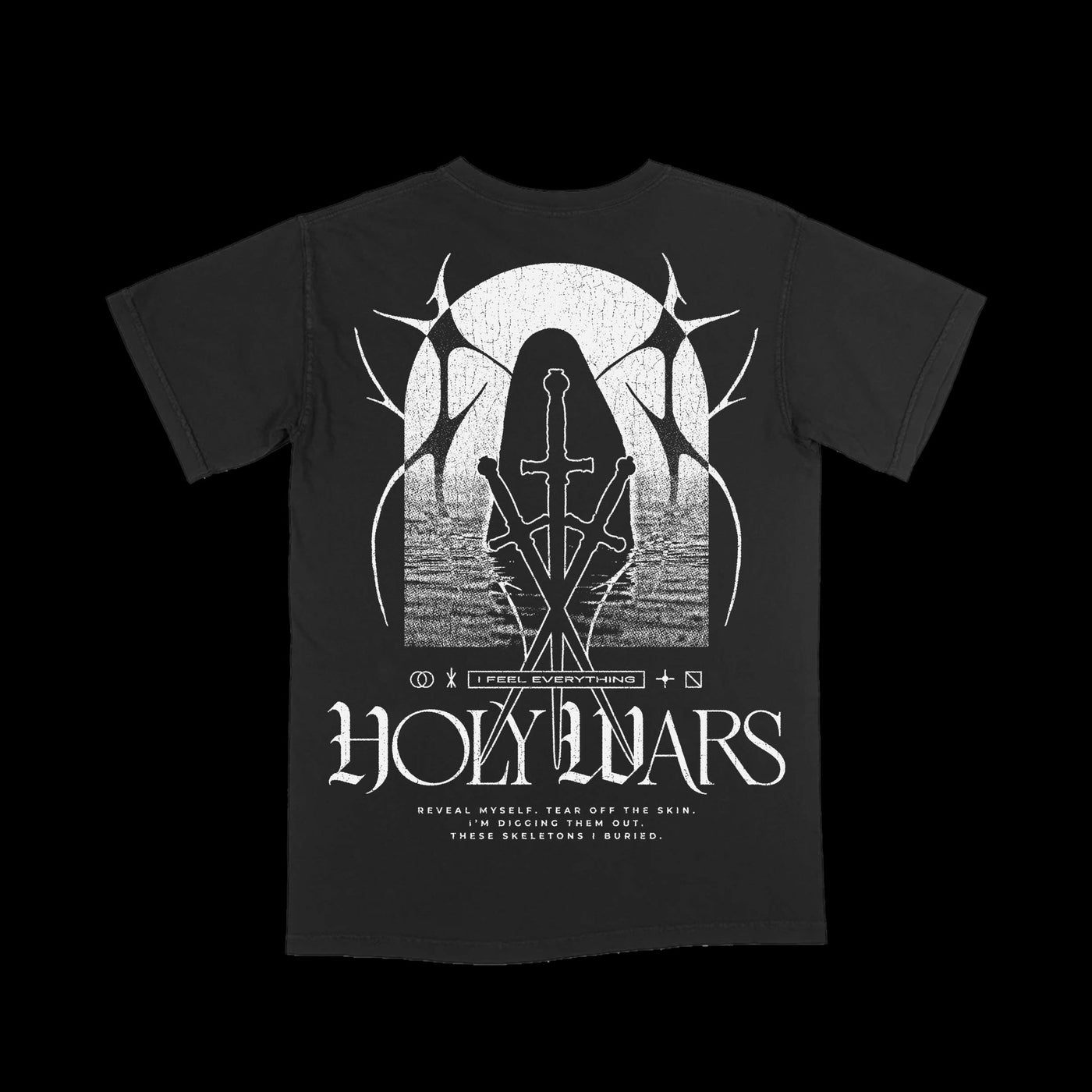 Holy Wars black t-shirt showcases a gothic hooded figure, swords, antler shapes, and “Holy Wars” text on soft Comfort Colors—ideal for fans of unique prints and bold style.