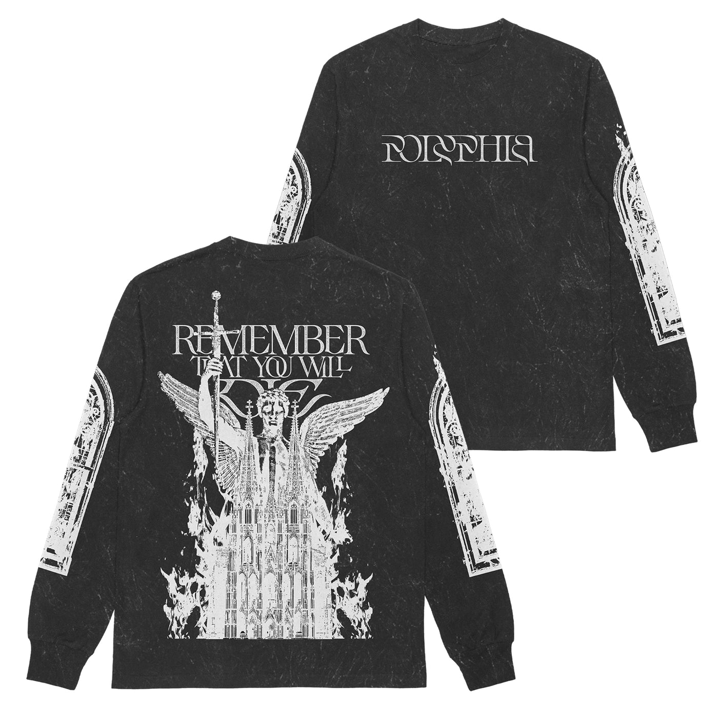 Polyphia black long-sleeve shirt in Colortone mineral wash with white graphics: back shows an angel with a sword above flames and gothic “REMEMBER THAT YOU WILL DIE” text; stylized prints on front and sleeves. Presale now—ships 10/17/25.