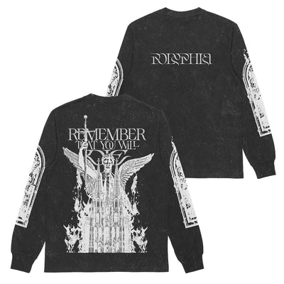 Polyphia black long-sleeve shirt in Colortone mineral wash with white graphics: back shows an angel with a sword above flames and gothic “REMEMBER THAT YOU WILL DIE” text; stylized prints on front and sleeves. Presale now—ships 10/17/25.