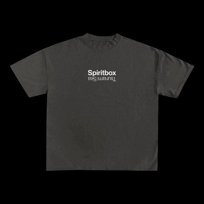 A heavyweight black T-shirt from Spiritbox, made with garment dye fabric, features Spiritbox in white on the chest and Eternal Blue printed upside down beneath—an essential streetwear piece.
