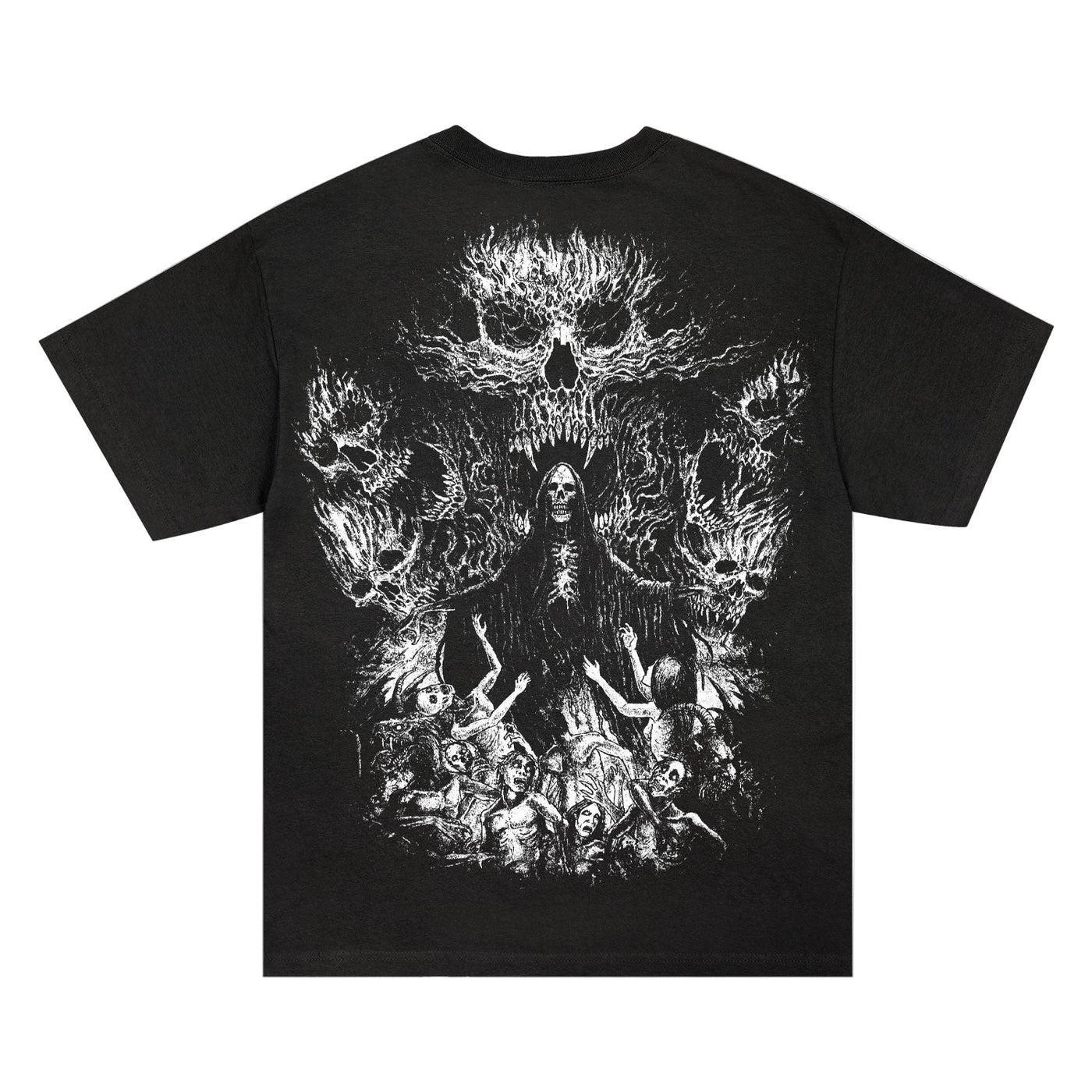 Spite black Comfort Colors t-shirt with a white graphic of a sinister, robed figure amid distressed people, skeletal faces, and flames. Available now on presale.