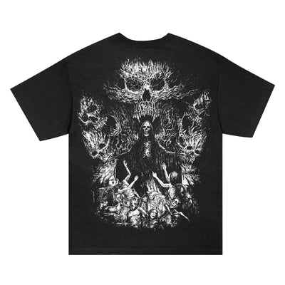 Spite black Comfort Colors t-shirt with a white graphic of a sinister, robed figure amid distressed people, skeletal faces, and flames. Available now on presale.