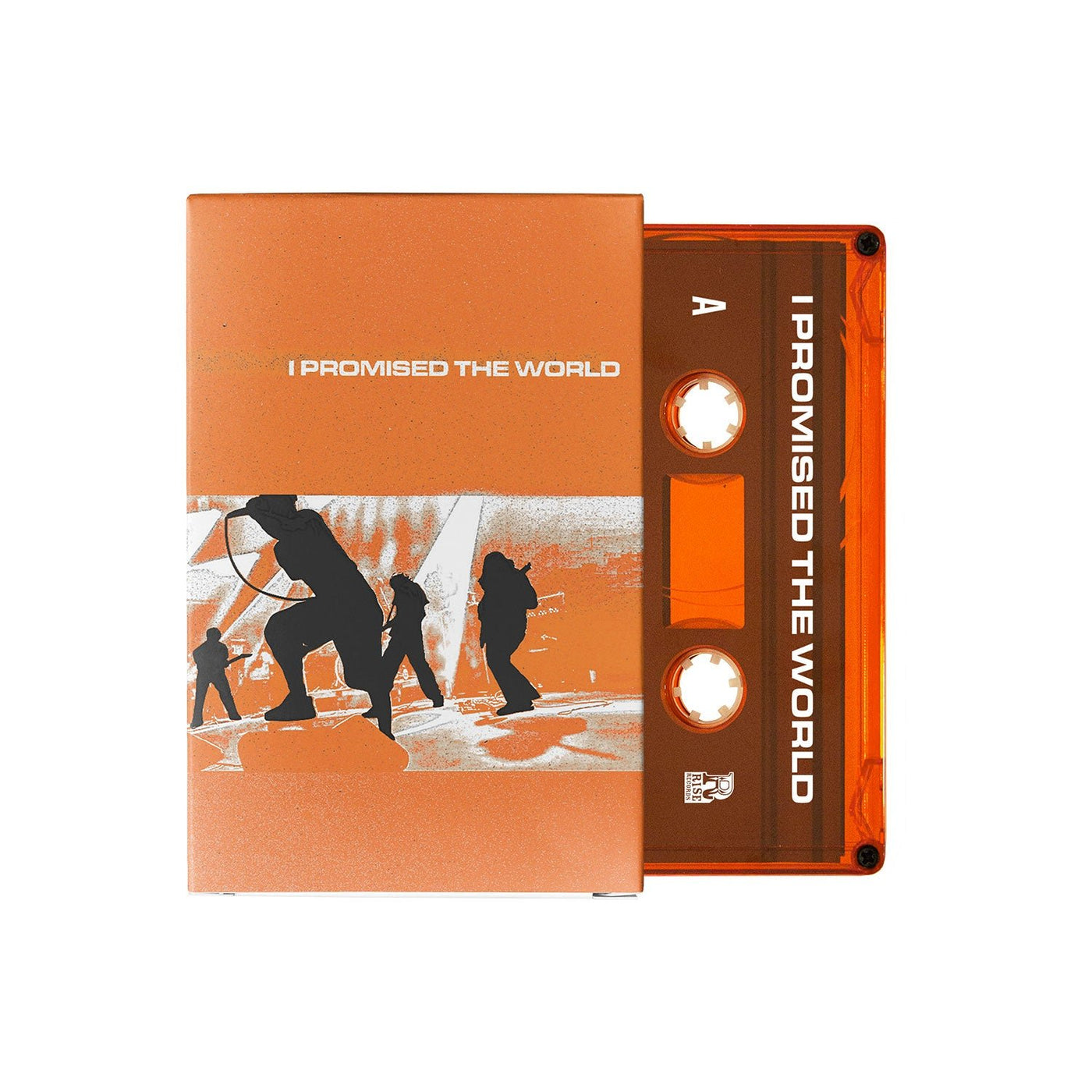 An orange cassette tape labeled "I Promised The World" slides from its matching case, which displays silhouettes of people in various poses on a white and orange background. Brand: I Promised The World.