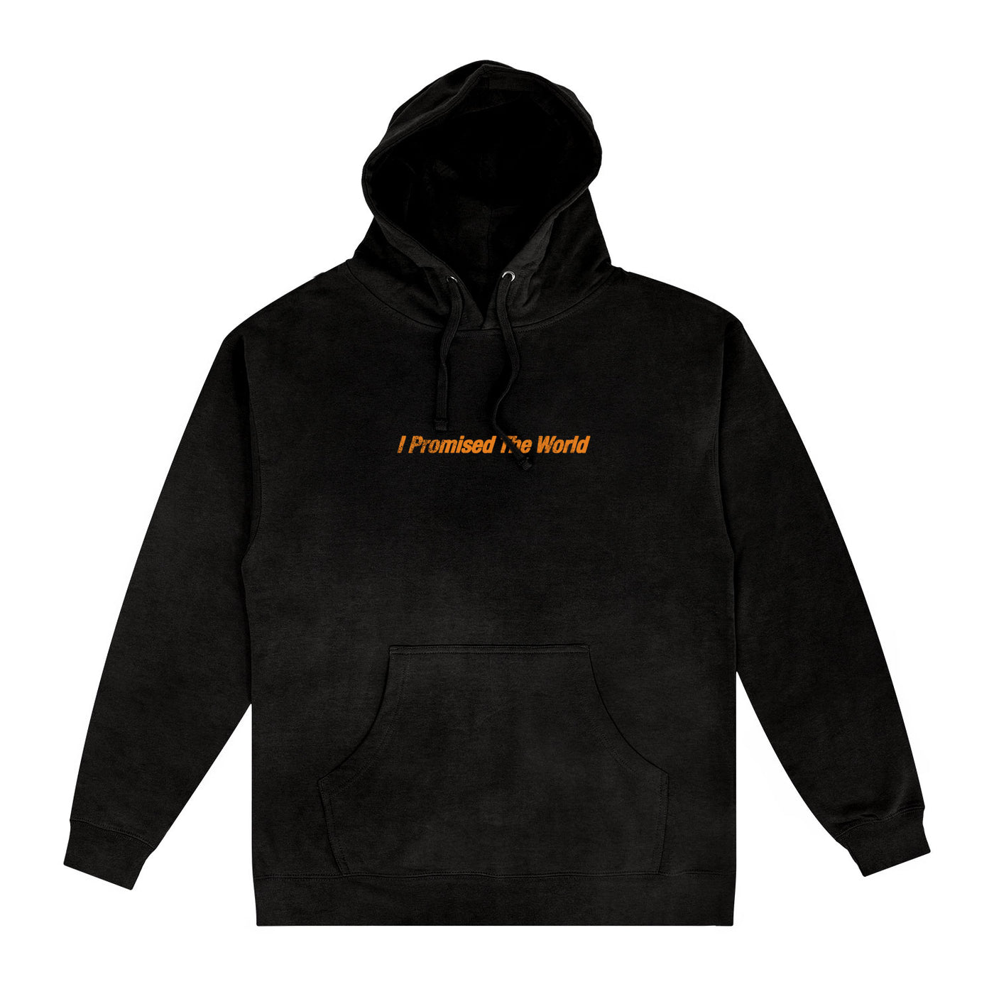 A black hooded sweatshirt from I Promised The World featuring a front pocket and "I Promised the World" in small orange letters across the chest is now available for presale.