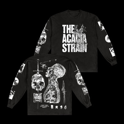 The Acacia Strain black Comfort Colors long-sleeve features white graphics: front with band name and skull, back with skeletal figure holding weapons, sleeves have repeating skulls. Presale—ships 8/15/25.