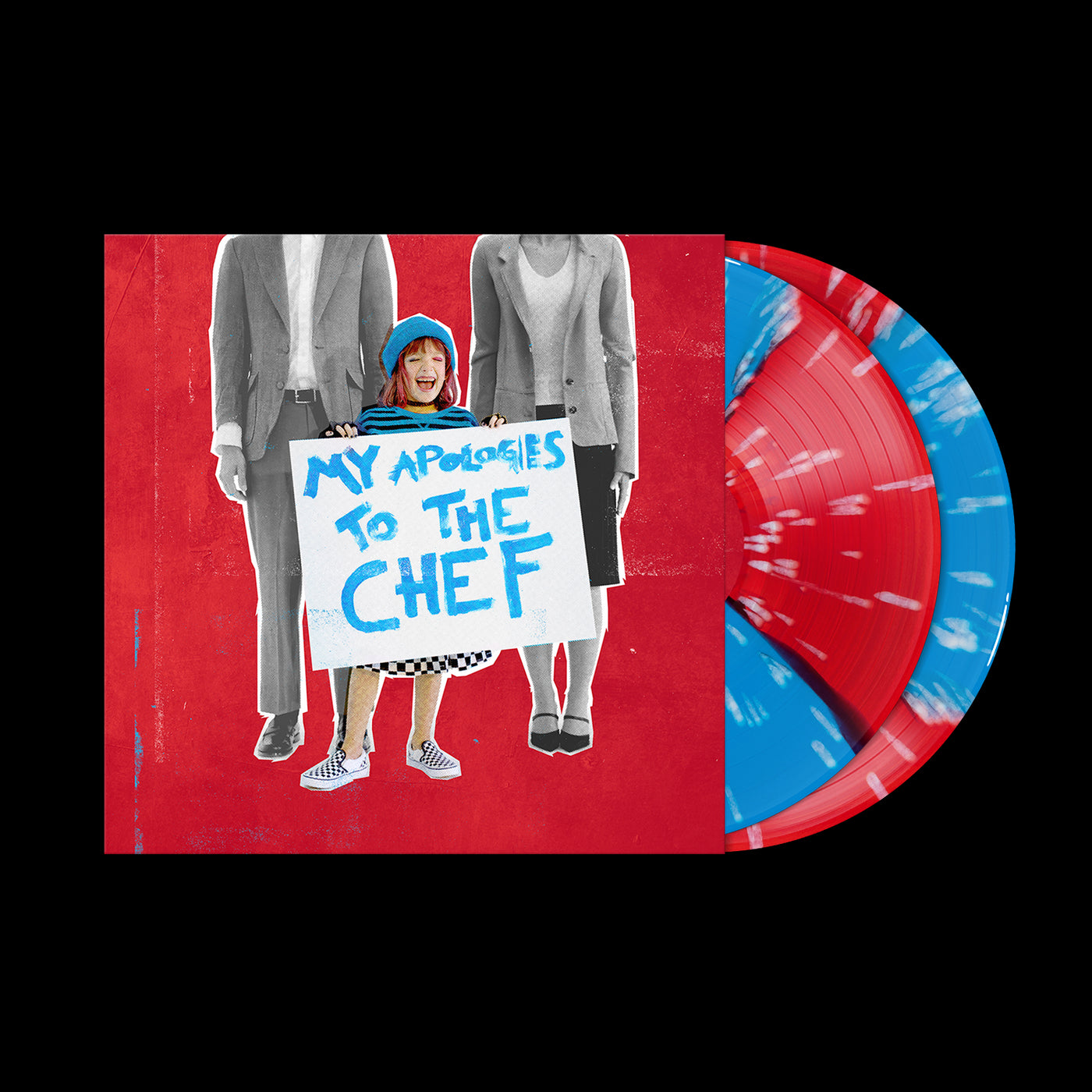 The Winona Fighter My Apologies To The Chef Deluxe album cover shows a child holding a sign between faceless adults, with a vibrant red and blue marble colored vinyl 2LP by Winona Fighter displayed on a striking red background.