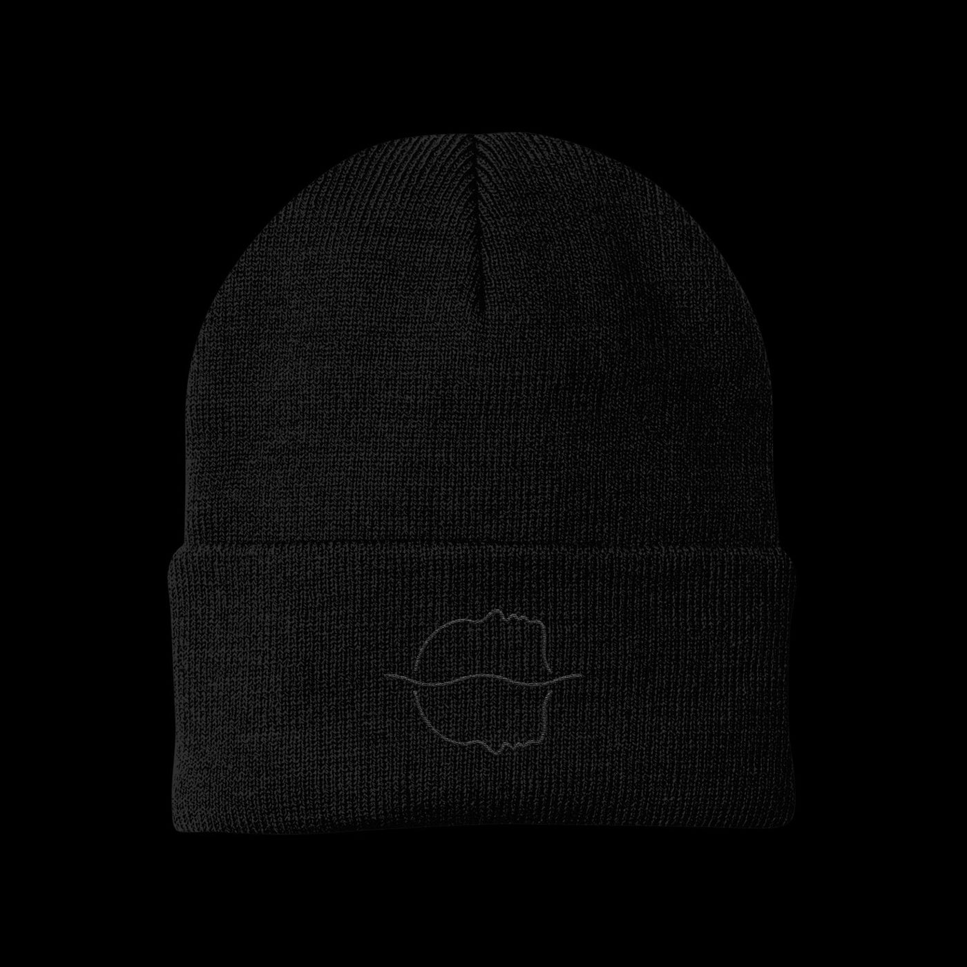 A black Spiritbox beanie with a folded brim features an embroidered outline of two lips facing each other, centered on the solid black background—ideal for fans of minimalist style and the Tsunami Sea Icon trend.