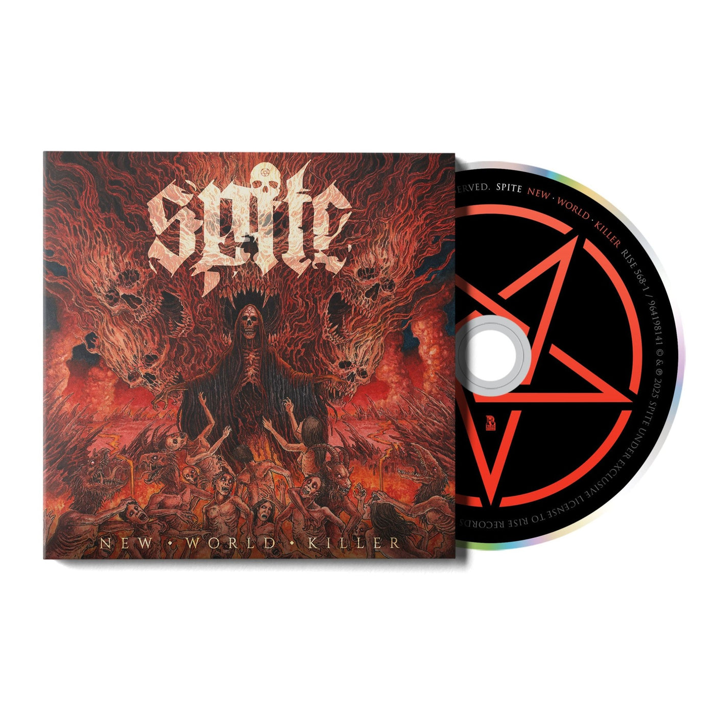 Preorder the Spite New World Killer CD to get an instant download. The metal album comes with a cover showing a dark, fiery scene with a hooded figure, skulls, and flames, and the disc features a red pentagram on black.