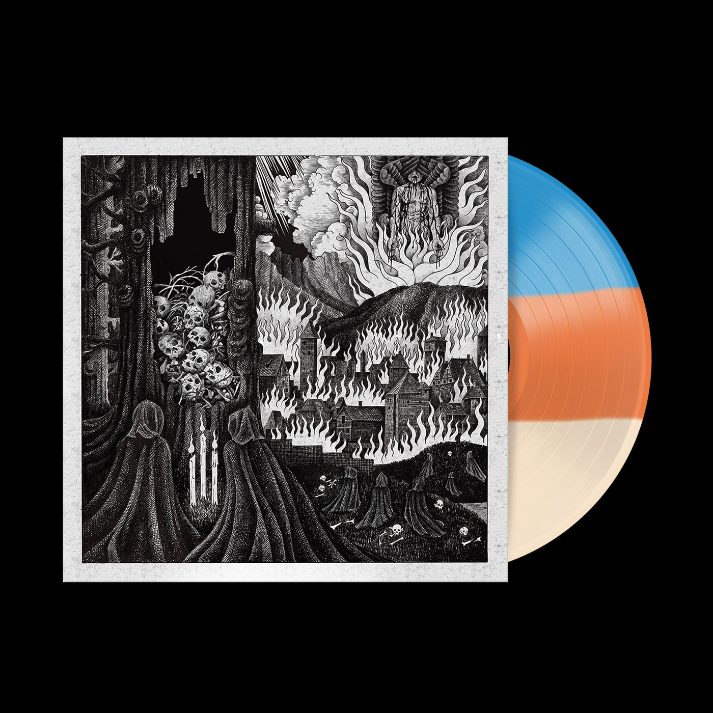 A vinyl record by The Acacia Strain with blue, orange, and cream segments peeks out behind a black and white album cover showing cloaked figures before a burning village under a surreal, smoky sky.
