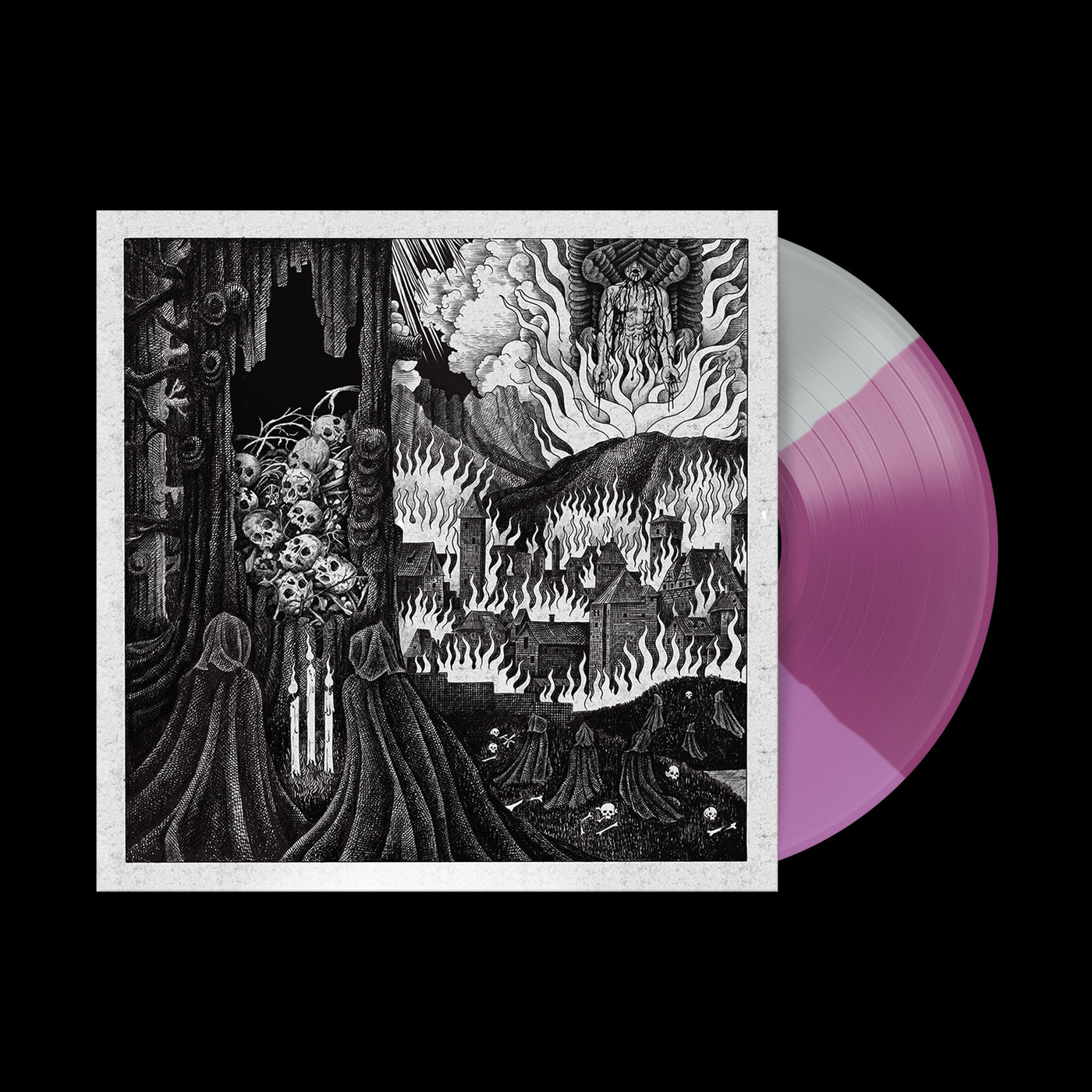 A The Acacia Strain vinyl titled You Are Safe From God Here rests half inside its album sleeve, which features dark, intricate art with cloaked figures watching a burning landscape under swirling clouds.