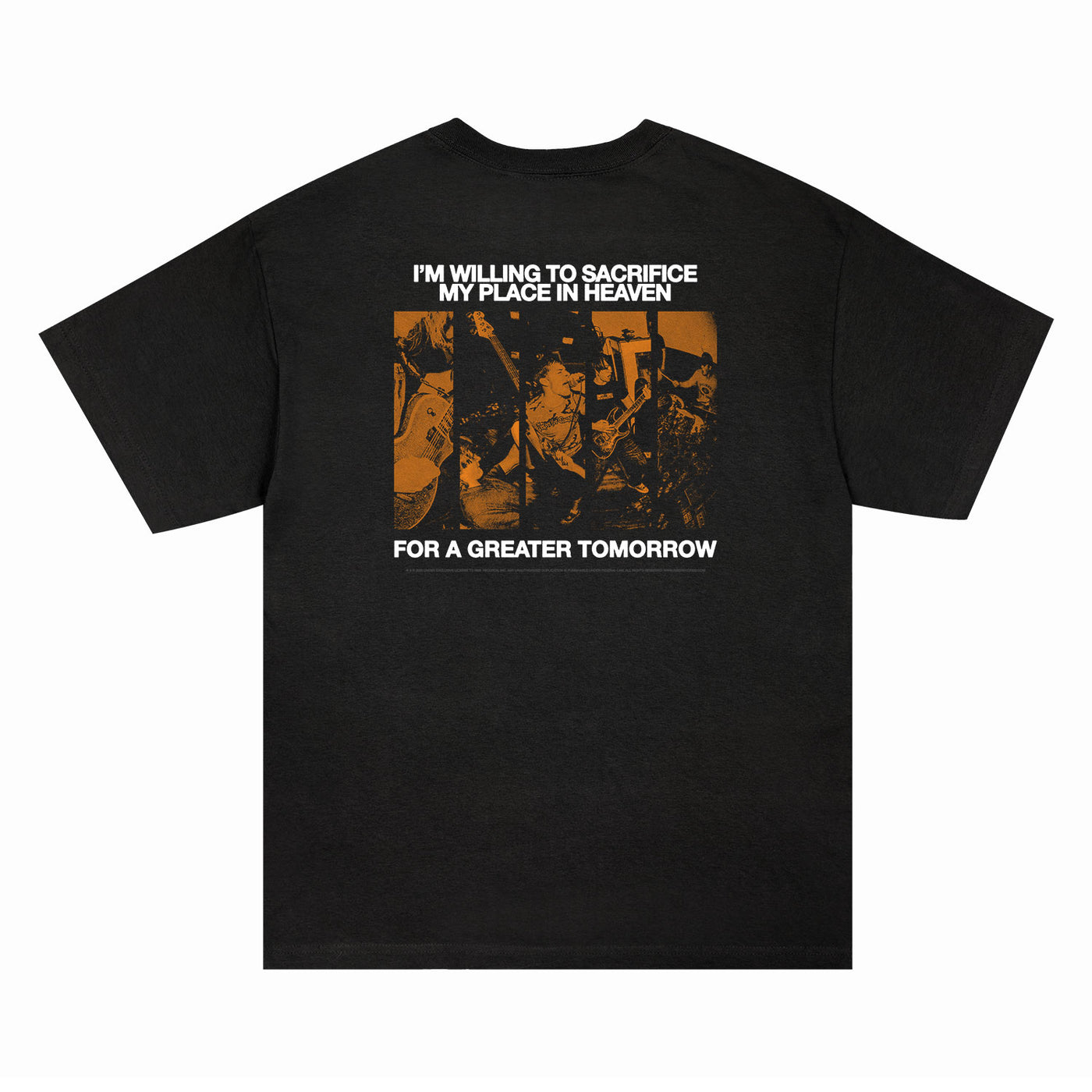 Black Comfort Colors t-shirt by I Promised The World featuring a vibrant orange collage and bold white back text: IM WILLING TO SACRIFICE MY PLACE IN HEAVEN FOR A GREATER TOMORROW. Presale available—reserve yours before shipping starts!.