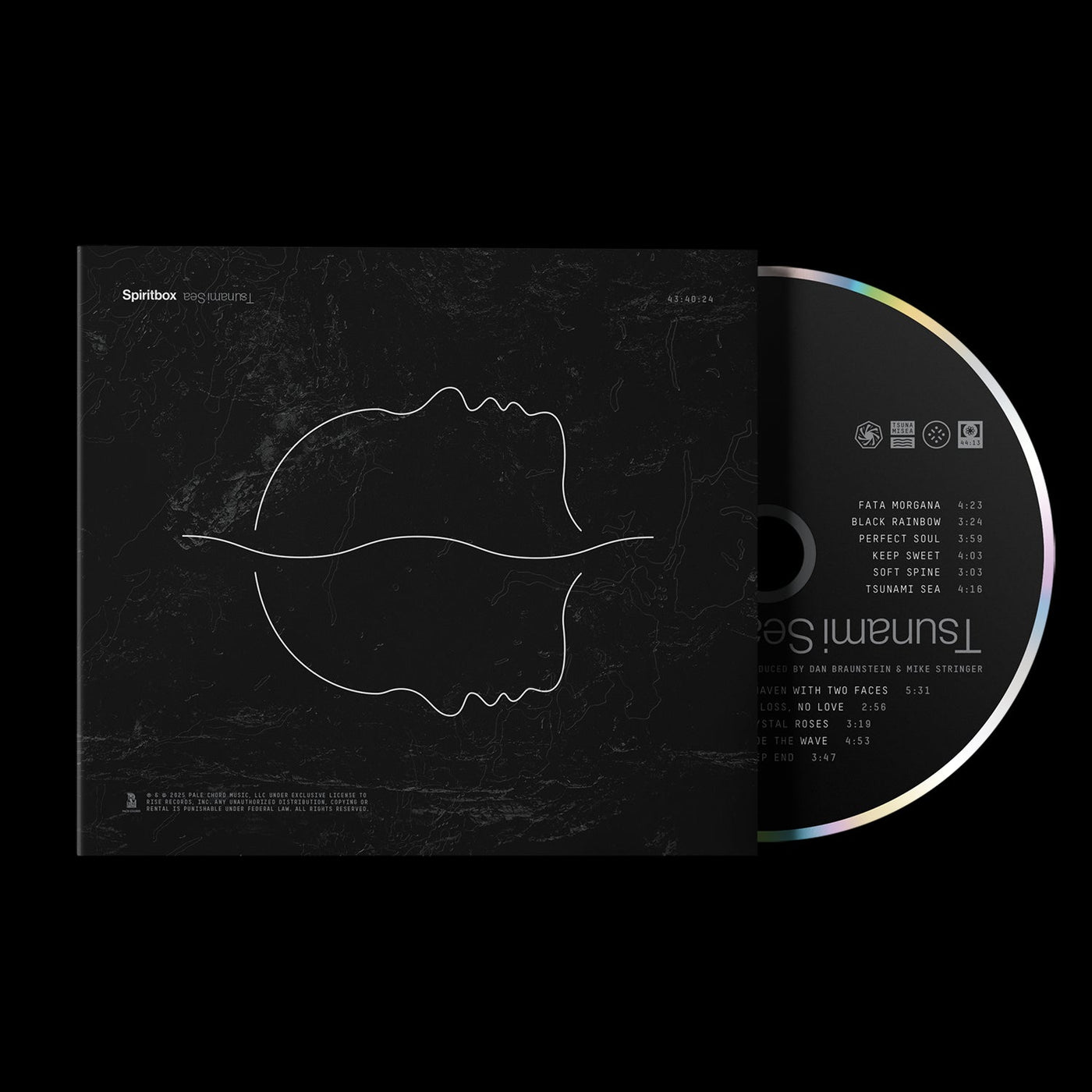 The Spiritbox album features a dark cover with white line art of two overlapping facial profiles—one upright, one inverted. The CD slides out to reveal a minimalist track list, including Tsunami Sea, and the same striking face design.