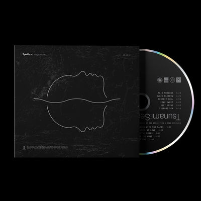 The Spiritbox album features a dark cover with white line art of two overlapping facial profiles—one upright, one inverted. The CD slides out to reveal a minimalist track list, including Tsunami Sea, and the same striking face design.