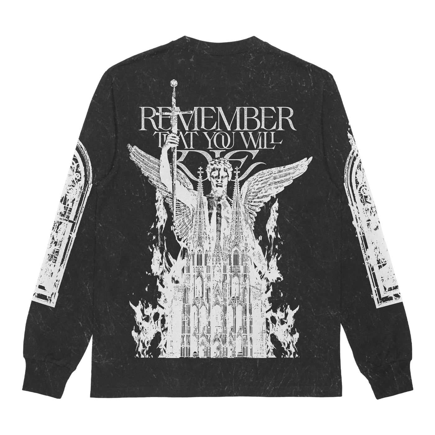 A black Polyphia Colortone mineral wash long-sleeve shirt featuring a white winged statue and flames above a gothic cathedral, with “REMEMBER THAT YOU WILL DIE” text. Available for presale, shipping 10/17/25.