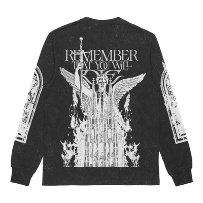 A black Polyphia Colortone mineral wash long-sleeve shirt featuring a white winged statue and flames above a gothic cathedral, with “REMEMBER THAT YOU WILL DIE” text. Available for presale, shipping 10/17/25.