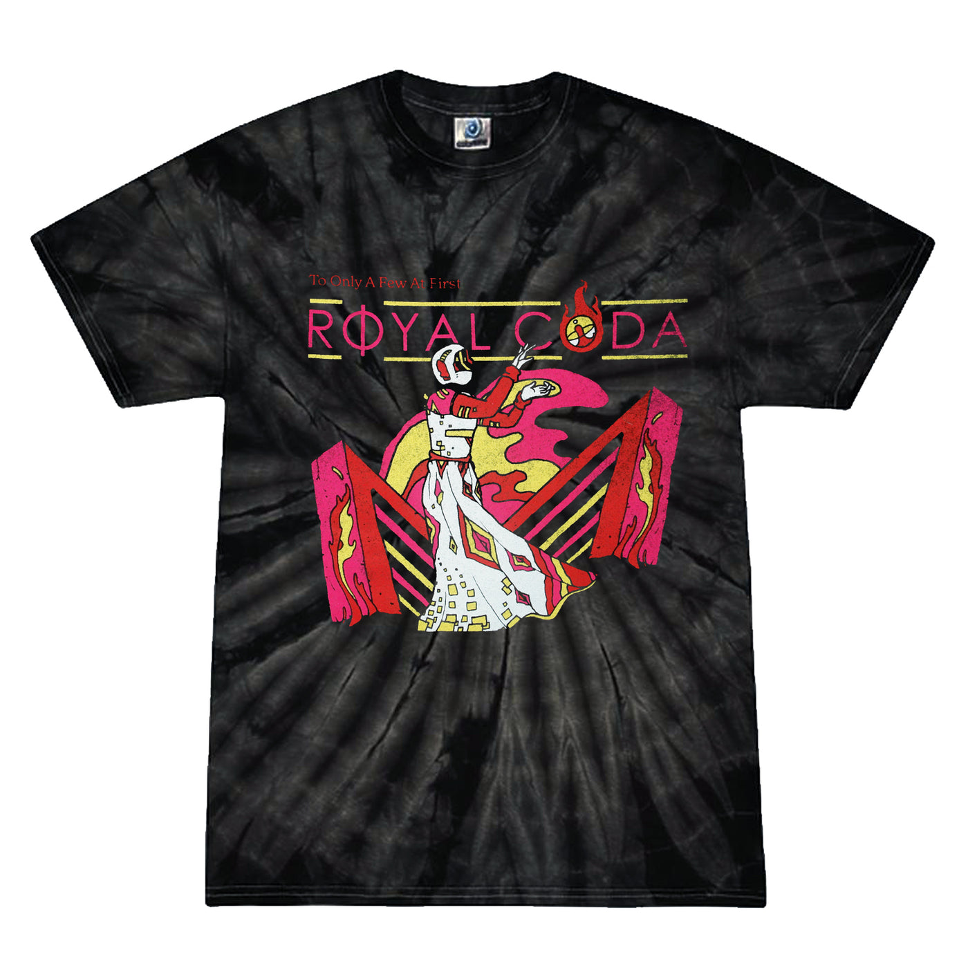 Royal Coda black tie-dye Colortone T-Shirt with a colorful stylized figure graphic, "Royal Coda" and "To Only a Few at First" in bold, classic fit, crafted from heavyweight cotton for comfort.