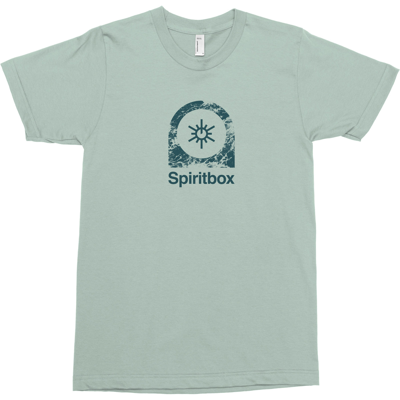 front of a light blue/gray tshirt against white background. the center of the shirt features a sun symbol in dark blue. surrounding it is a circle that is blue and white marble fill. below this in dark blue text reads "spiritbox".
