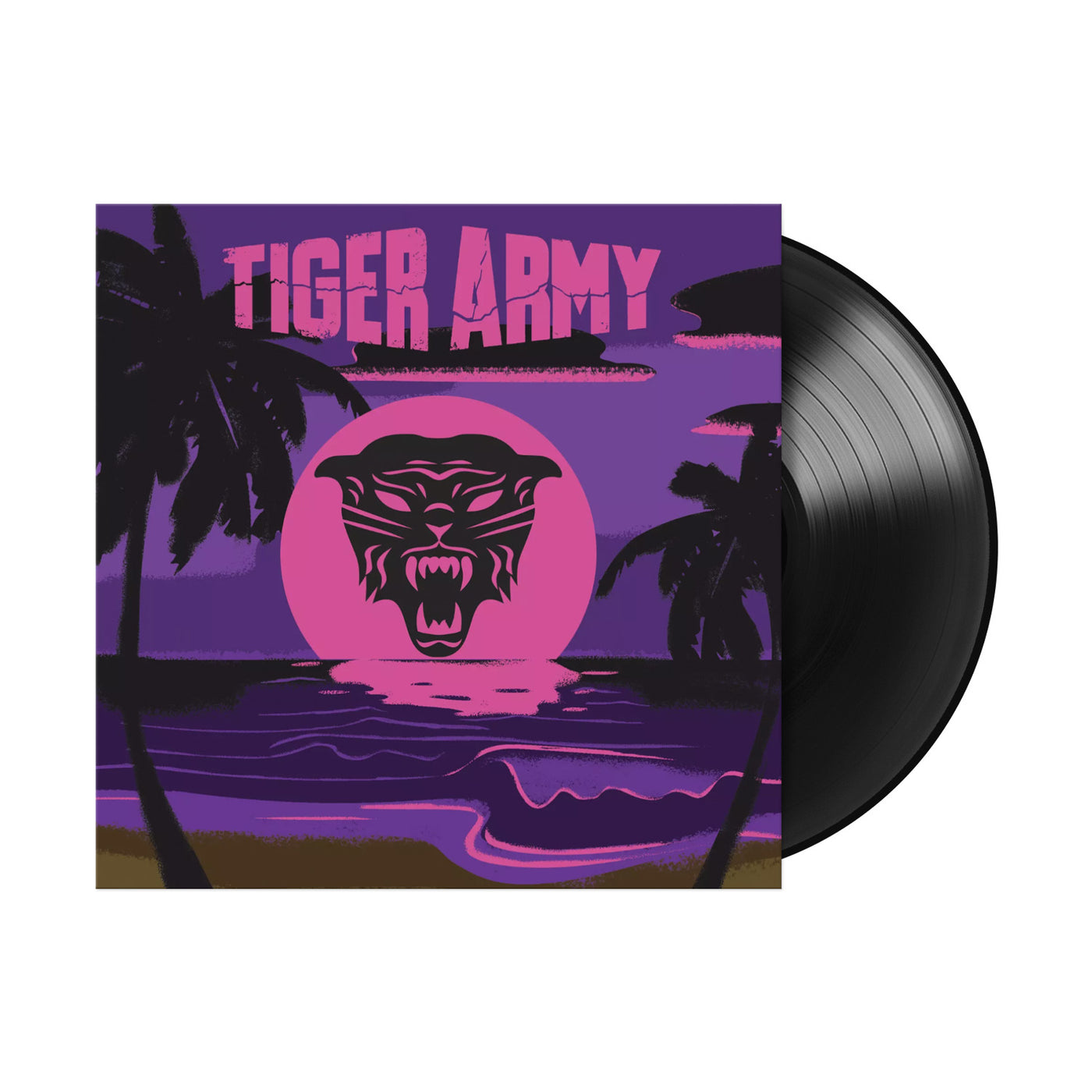 Tiger Armys Dark Paradise Black 7 Inch. LP exposed to show color. Album art depicts a tropical beach scene with a sunset and a panther face in the sun. 