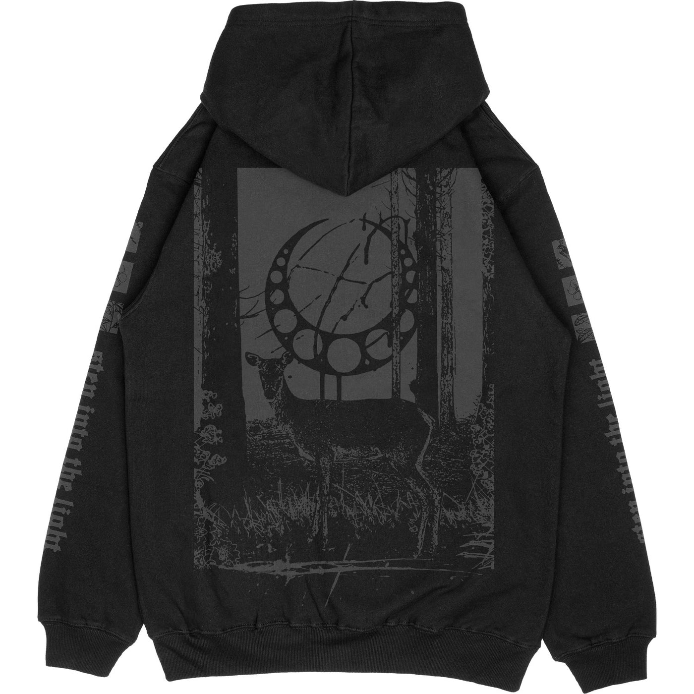 back of The Acacia Strain Deer Black Pullover. full back print of forest scene with a Deer looking at you with the Acacia Strain half circle symbol behind it in grey ink. 