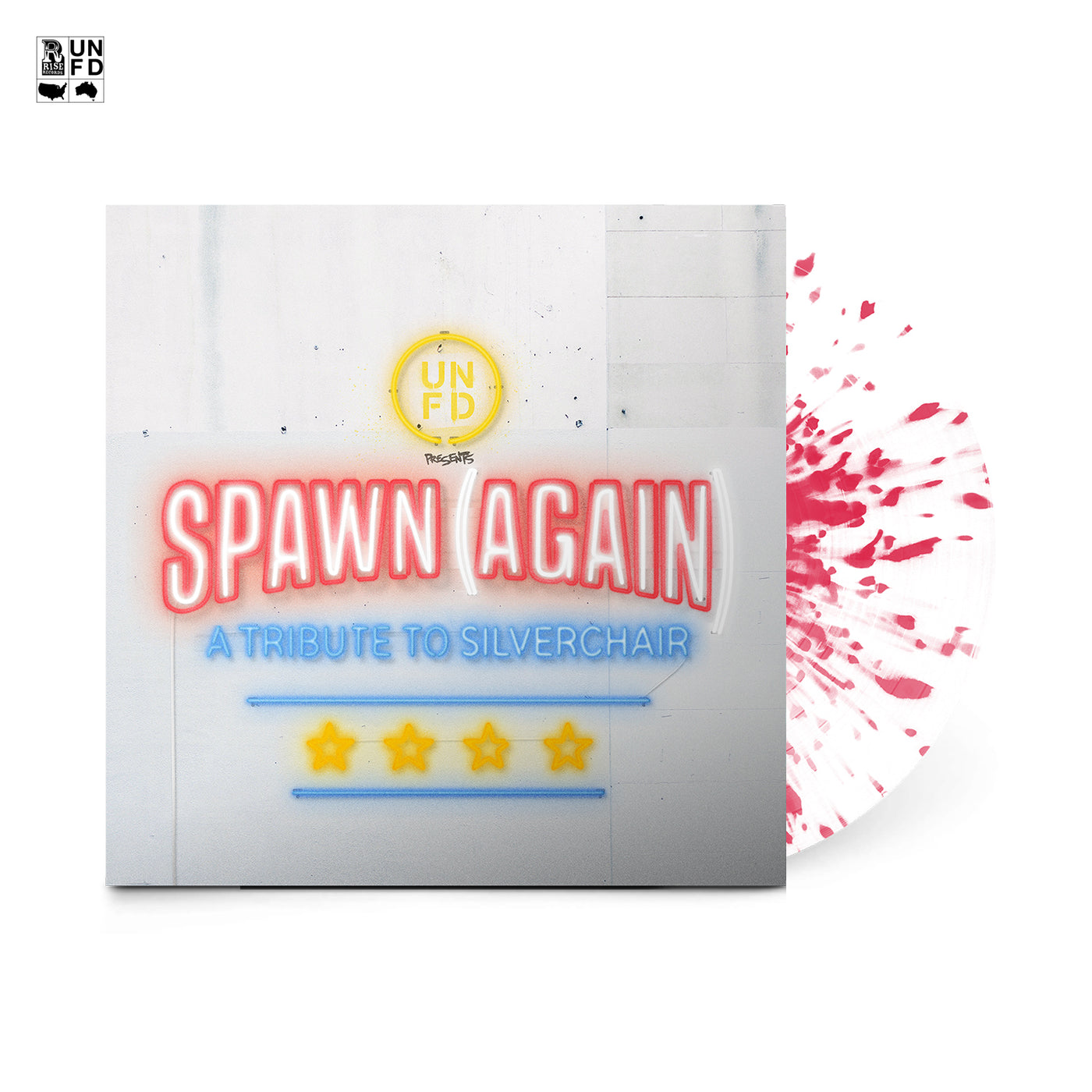 Album cover features neon-style text SPAWN AGAIN A TRIBUTE TO SILVERCHAIR and four yellow stars below. A white vinyl record with red splatter, partially visible to the right. Released by UNFD.