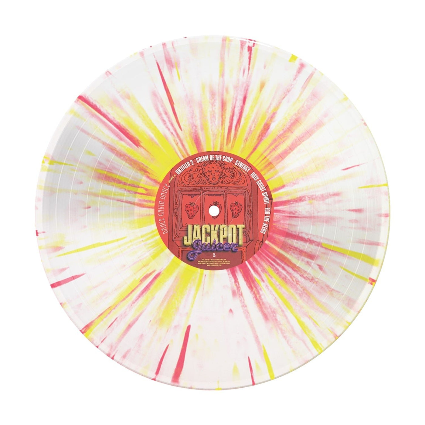 Image of Dance Gavin Dance Jackpot Juicer vinyl outside of its sleeve on a white background. Vinyl color is clear with yellow and pink splatter. 