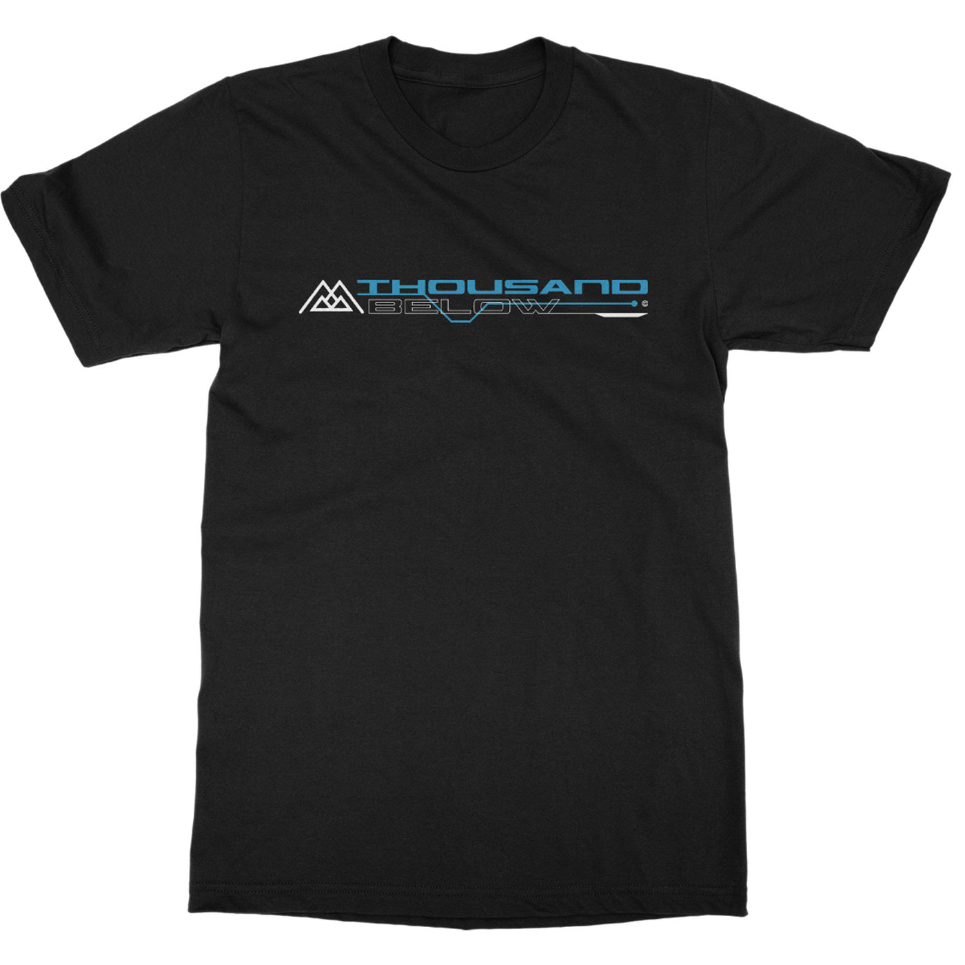 front of black t-shirt with cyber punk lines over the text "thousand below"