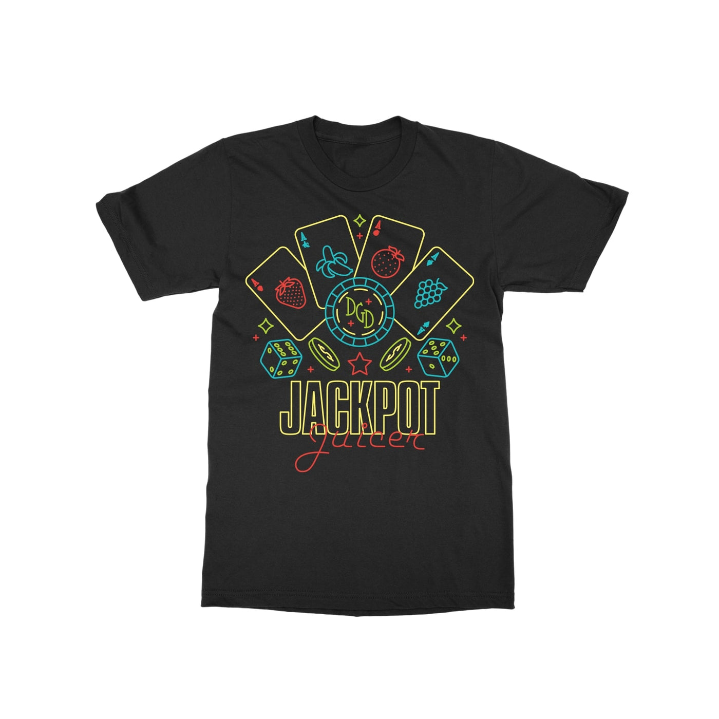 Image of Dance Gavin Dance Jackpot black tee shirt laying flat on a white background. Front of tee has images of 4 playing cards, 2 dice, and coins all in a neon light style design. Reads Jackpot Juicer under design in yellow and red text. 