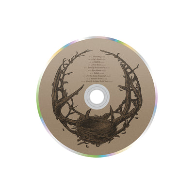 The Acacia Strain Step Into The Light CD. image shows the disc art. disc art is a set of deer antlers made out of sticks and a birds nest instead of a head. 