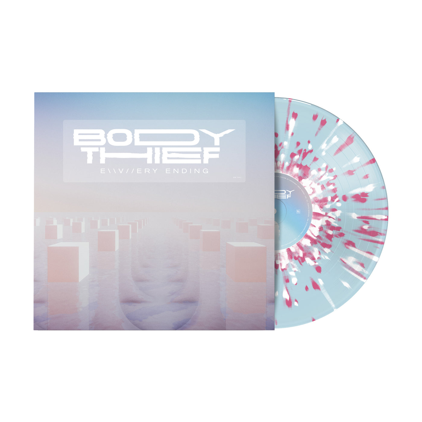 Body Thief Every Ending vinyl lp with vinyl exposed to show color. color of LP is blue with white and pink splatter. album art displays a series of pillar like structures in the middle of nowhere.