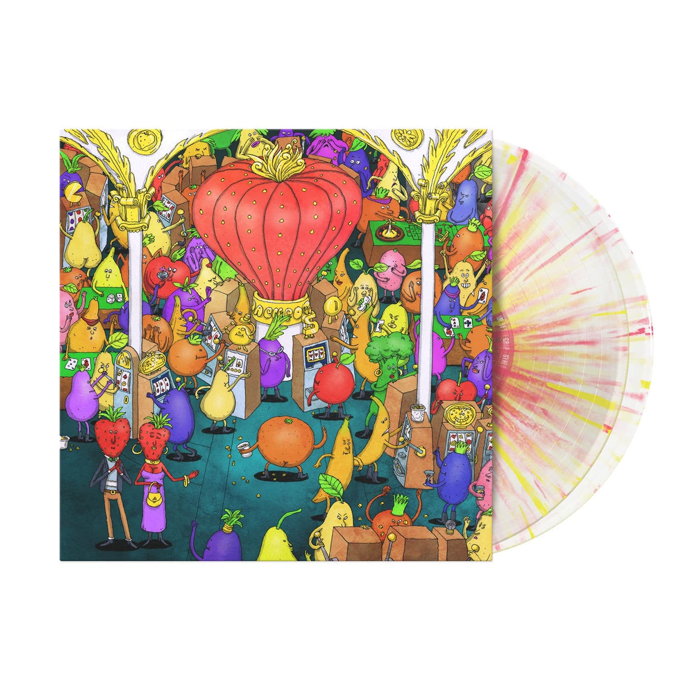 Image of Dance Gavin Dance Jackpot Juicer album cover with the vinyl exposed to show its coloring on a white background. Album Cover shows various fruit and vegetable characters playing slot machines and partying. Vinyl color is clear with yellow and pink splatter. 