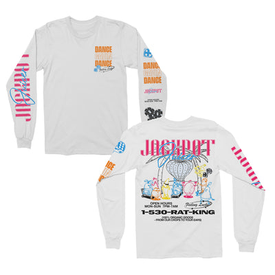 Image of Dance Gavin Dance white long sleeve laid flat on white background. Front left chest reads “Dance Gavin Dance Feeling Lucky” in orange print image in orange and black print. Right sleeve reads “Jackpot Juicer” in pink and blue text. Left sleeve reads “Dance Gavin Dance Jackpot Juicer Open Mon-Sun 7AM-7PM” in orange, blue, pink and black text. Left sleeve has image of dice and poker chips. Back has image of Fruit and vegetable characters lounging on beach. Phone number for Rat king in black text.