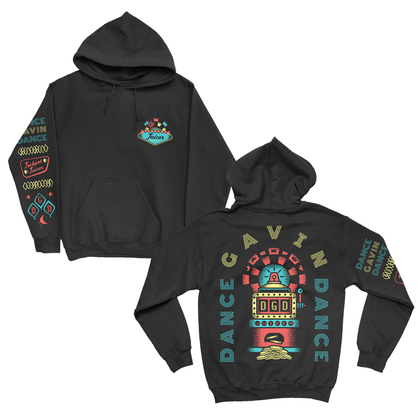 Image of Dance Gavin Dance black pullover laid flat on white background. Front left chest reads Jackpot Juicer in old casino light style. Right sleeve reads Dance Gavin Dance and Jackpot Juicer with casino style designs. Back reads Dance Gavin Dance arched around old school slot machine. 